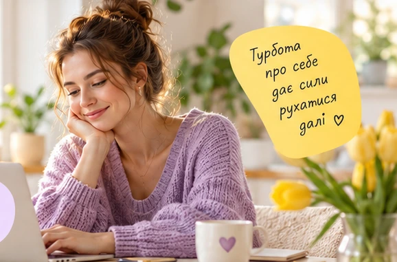 Жінка в бузковому светрі усміхається за ноутбуком; поруч записка «Турбота про себе дає сили рухатися далі»